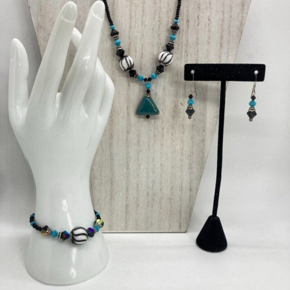Vintage Sterling Silver Chrysocolla Stone Glass‎ Bead Necklace Bracelet Earrings